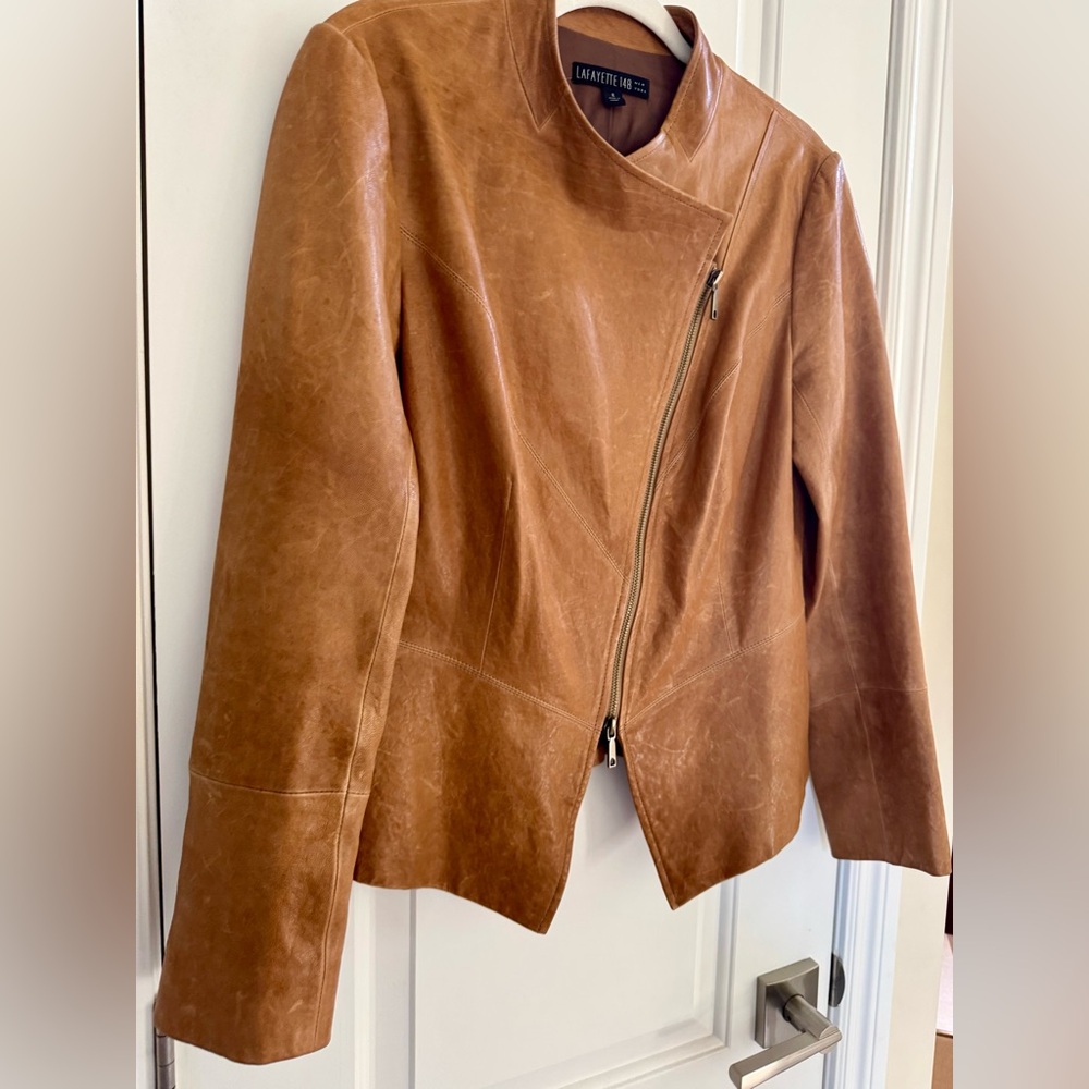 Lafayette 148 New York Tan Leather Jacket with Diagonal front zip Tan Sz 8 - Picture 6 of 8